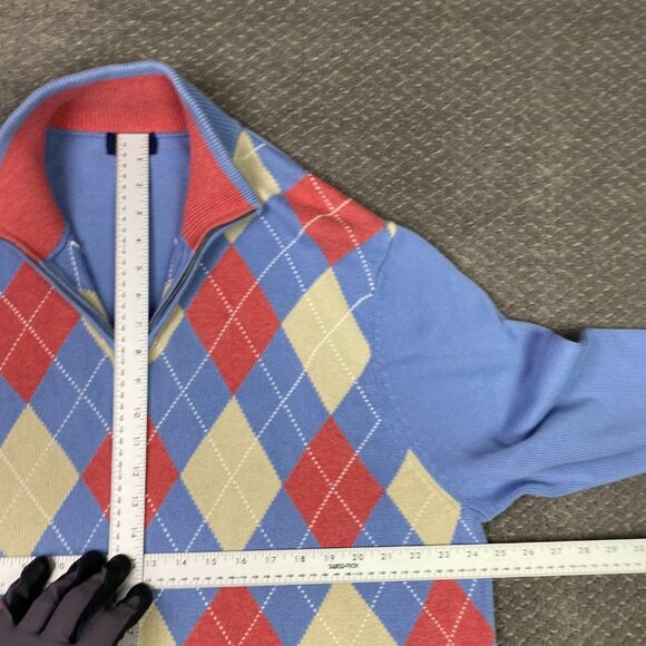 Brooks Brothers 346 1/4 Zip Argyle Sweater Men's XL Blue Coral Pink White supima - Picture 6 of 8